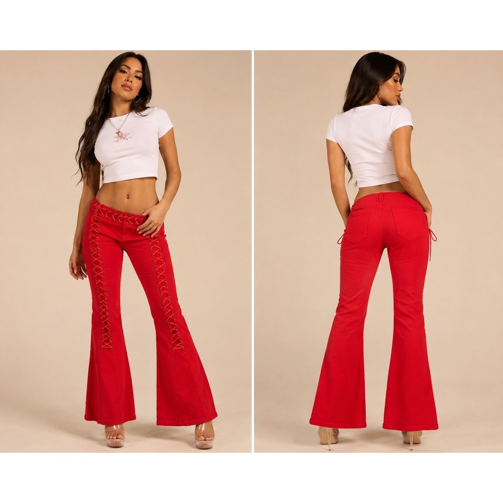 Edikted Red Lace Up Flare Jeans High Waisted Bell Bottom Pants Small EUC